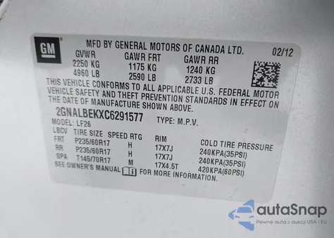 2012 Chevrolet Equinox Ls z USA, uszkodzony, nr VIN 2GNALBEKXC6291577
